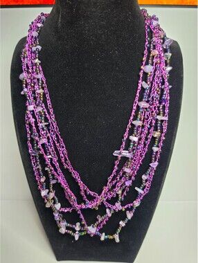 Purple Multi Strand Bead and Stone Statement Necklace 32"